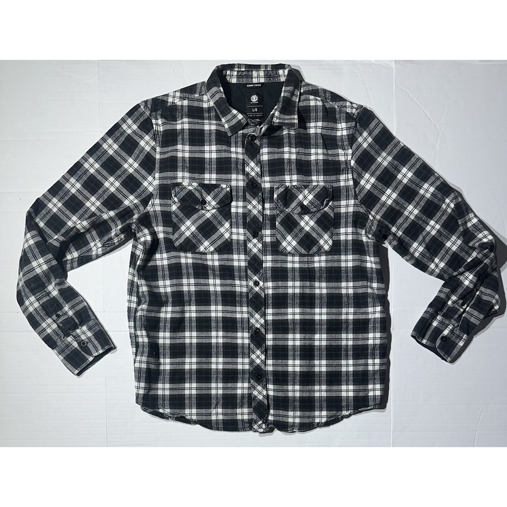 Element Button Up Shirt Large Plaid Black White Long Sleeve Stretch